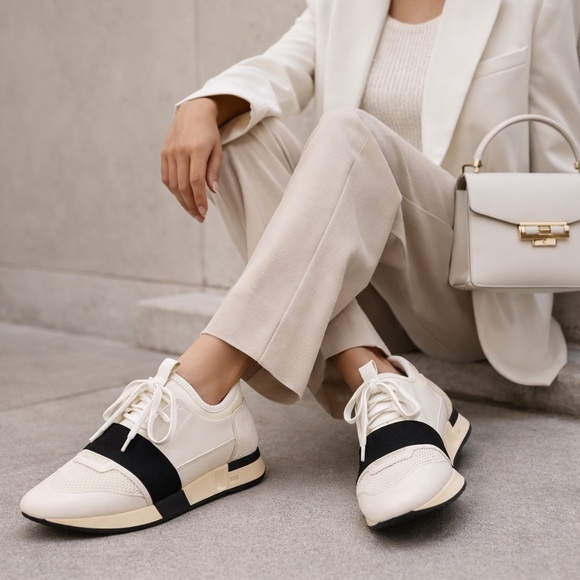 Balenciaga Shoes - Balenciaga Race Runner 39 Cream Black Strap Sneakers Leather Mesh Made in Italy